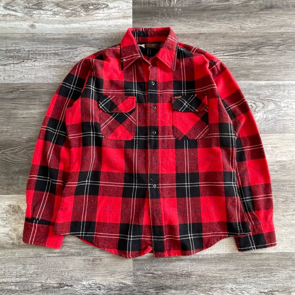 Vintage 70s 80s Red Black Plaid‎ Wrangler Shacket Western Button Flannel Shirt